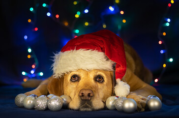 Cute labrador dog with a Santas hat and Christmas lights in the backgroung