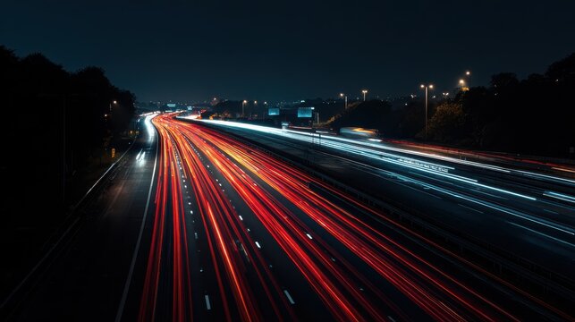 Fast moving traffic on M42 motorway at night creates trails on road. Red glow from headlights, dark background, speeding cars, vans, trucks. Highway, expressway, road, traffic, speed, fast, night,