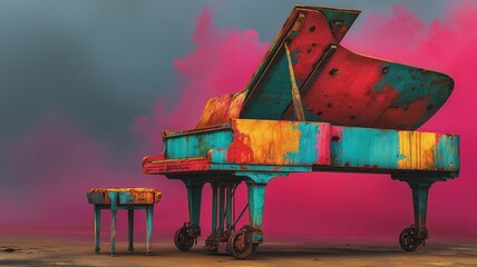 A colorful, vivid piano with a vibrant background, giving a whimsical and artistic feel. The image evokes creativity and musical inspiration.