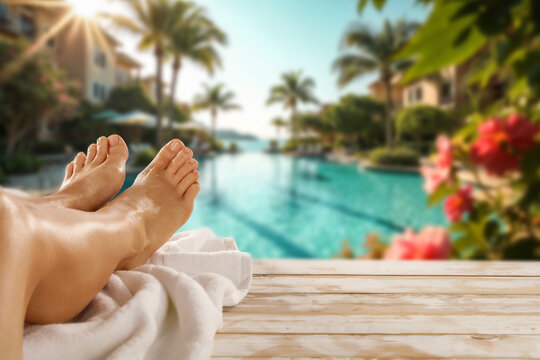 Bare sun tan legs resting by the swimming pool on sunny summer day. Concept of relaxation, sunbathing, beach holiday and peaceful vacation time at holiday resort. Exotic palms background.