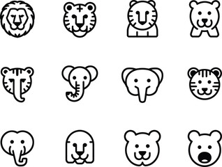 Obraz premium Collection of stylized animal face icons including lions tigers and elephants