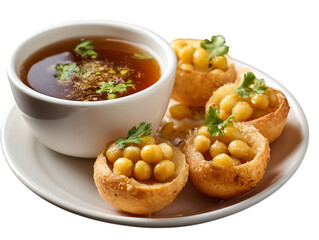 Delicious north and south indian street food pani puri gol gappa with tamarind water served in white plate and potato and chickpeas for food on white background