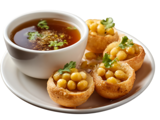 Delicious north and south indian street food pani puri gol gappa with tamarind water served in white plate and potato and chickpeas for food on white background