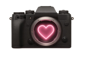 Mirrorless digital camera showing pink neon heart on transparent background