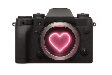 Mirrorless digital camera showing pink neon heart on transparent background