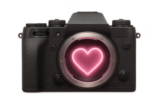 Mirrorless digital camera showing pink neon heart on transparent background
