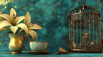 Teal and gold theme with fancy cage, elegant mug, and stylized lilies