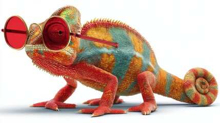Obraz premium A vibrant chameleon wearing red sunglasses, showcasing a blend of orange, green, and yellow scales.
