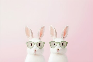 Fototapeta premium Two White Bunnies with green sunglasses, front view on green pink pastel background. Animal wearing accessory for modern and fun pet concepts. Easter holiday and springtime with copyspace.