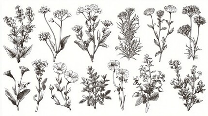Wild flowers vector collection. herbs, herbaceous flowering plants, blooming flowers, subshrubs isolated on white background. Hand drawn detailed botanical vector illustration., no logos, no brands