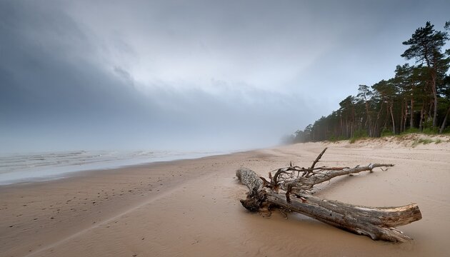 garciems beach on latvia baltic coast lies deserted in misty rain pale sand scattered driftwood and a hazy tree line dissolve into low clouds conveying the tranquil mood of a cloudy afternoon - Powered by Adobe