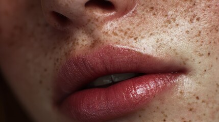 Obraz premium Close-up of a young person's lips and freckles.