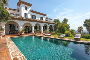 Fototapeta premium Luxury Mediterranean villa with pool and lush garden. The image shows a spacious terrace with arches, sun loungers for relaxing by the water 