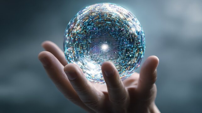 Hand holding futuristic digital sphere with 2025 for technology and innovation concept