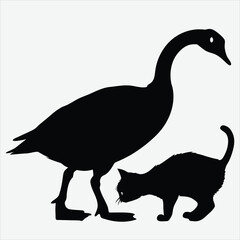 Goose pecking a cat’s tail  image silhouette design vector art and illustration