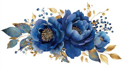 watercolor navy blue bouquet gold leaves botanical clip art drawing peonies roses herbs wedding invitation design.
