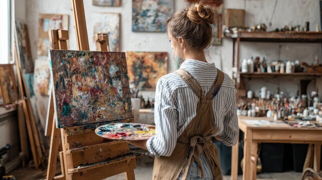 art school, creativity and people concept - student girl or young woman artist with easel, palette and paint brush painting still life picture at studio, no logos, no brands