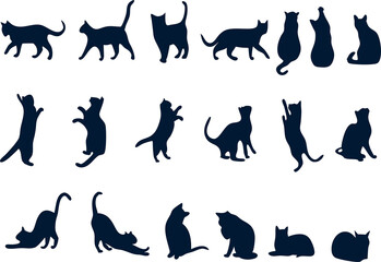 cat silhouette in different poses like sitting running , sitting, jumping