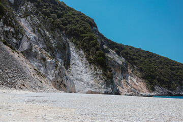 Detailed limestone cliff formations at beach base showing natural weathering and rock structure