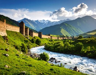 Ancient stone walls run alongside a winding river, nestled in a valley with lush green hills and snow-capped mountains