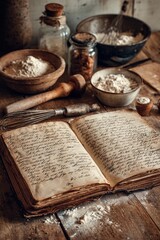 An open recipe book on an aged wooden surface displays handwritten notes, surrounded by bowls of flour, nuts, and baking tools, creating a warm, inviting atmosphere for cooking
