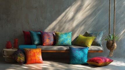 Colorful decorative pillows in contemporary room with tire swing, no logos, no brands