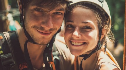 Couple of happy climbers having fun in adventure park outdoor - Young friends doing extreme sport - Travel,wanderlust and summer vacation - Focus on faces - Warm filter with back sun light, no logos,