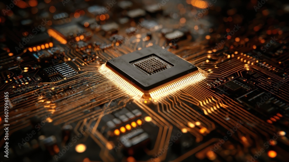 Poster microprocessor with intricate circuit board design illuminated by soft lighting, showcasing technolo