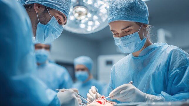 Surgeon and nurse during a dental operation, Team of dental surgeons performs surgery on teeth in a modern clinic, General anesthesia during orthodontic surgery. ai generative