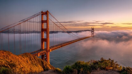 Obraz premium Sunset view of the Golden Gate Bridge and fog from Battery Spencer, Golden Gate National Recreation Area, in San Francisco, California., no logos, no brands