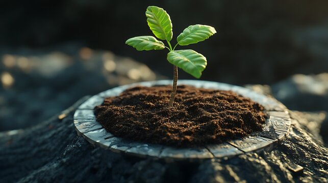 Tech flower growing from layered disk soil