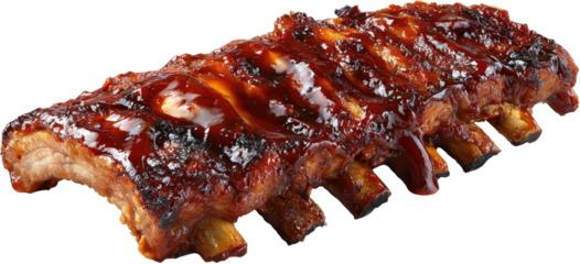 A plate of savory barbecue ribs, glistening with rich sauce