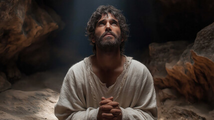 Daniel kneels center on rough stone floor, hands clasped in prayer. Moonlight casts silver-blue beams as six lions rest symmetrically around him, their fur sharp in soft shadows...