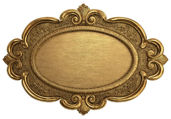 Ornate gold oval plaque. Detailed, embossed gold frame surrounds a smooth, empty oval