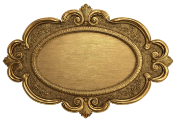 Ornate gold oval plaque.  Detailed, embossed gold frame surrounds a smooth, empty oval
