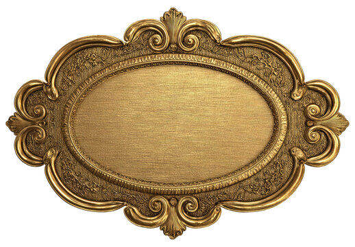Ornate gold oval plaque.  Detailed, embossed gold frame surrounds a smooth, empty oval