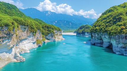 Fototapeta premium Scenic river valley with towering cliffs and lush greenery