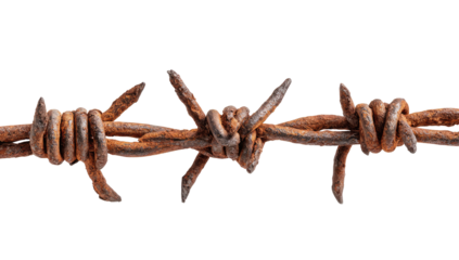 Close-up of rusty barbed wire, showing intricate, tangled metal strands and sharp barbs