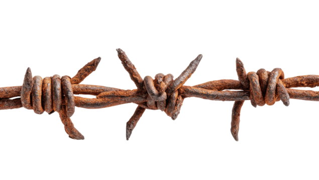 Close-up of rusty barbed wire, showing intricate, tangled metal strands and sharp barbs