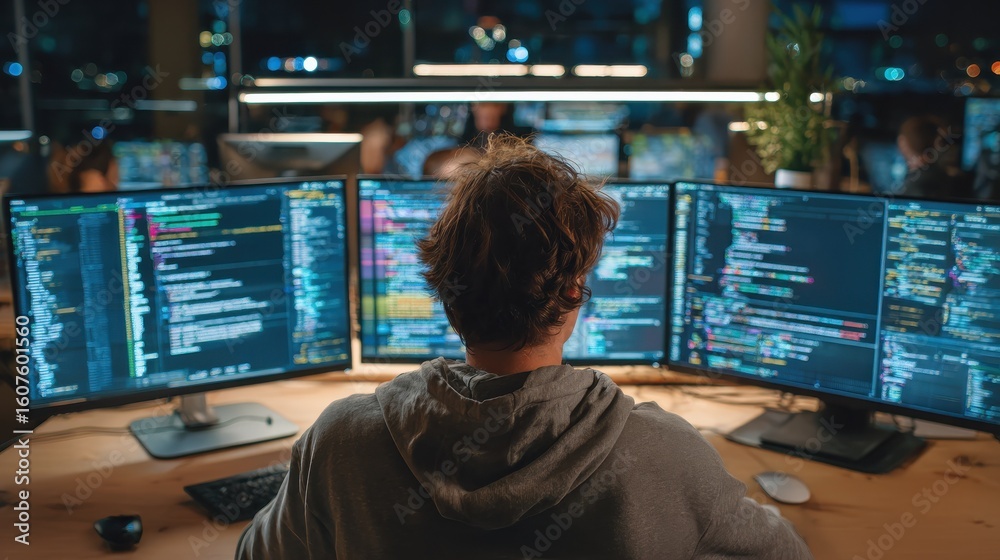 Poster a focused person analyzing data on multiple computer screens in a modern office, showcasing technolo