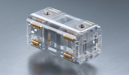 Rectangular Transparent Quantum Chip Module With Gold Coils Displayed On Metallic Blue Surface
