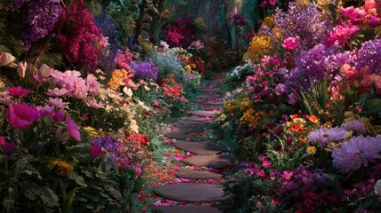 an enchanted garden pathway lined with vibrant flowers in full bloom alice in wonderland background