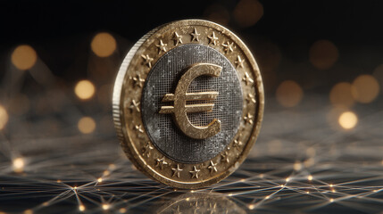 euro coin with network knots in the background symbolizing the new cbdc digital currency