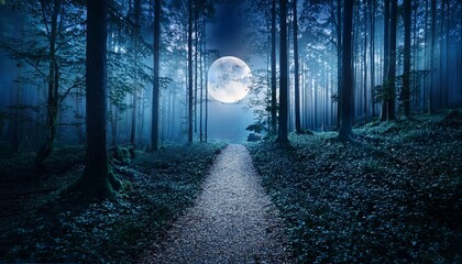 Naklejka premium moonlit path through a serene forest at night with soft illumination and tranquil atmosphere generative ai