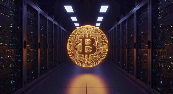 Glowing Bitcoin Cryptocurrency in Modern Server Room - Powered by Adobe