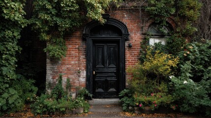 A black front door in a brick wall surrounded by greenery