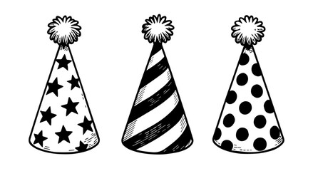 Three Different Party Hats in Black Vector Outline Style, Editable Formats: AI, EPS, JPG, PNG, Ideal for Both Digital and Print Use
