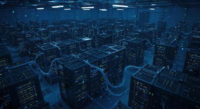 Futuristic Server Room: Network Data Center, High-Tech IT Infras