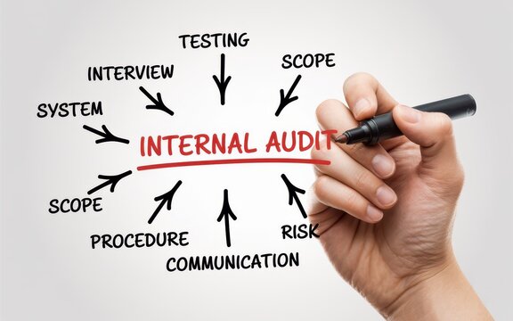 Internal Audit Process Explained with Flowchart and Hand Demonstrating Key Concepts