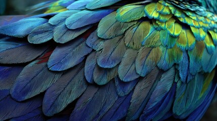 Close up of colorful blue and green feathers of exotic parrot bird